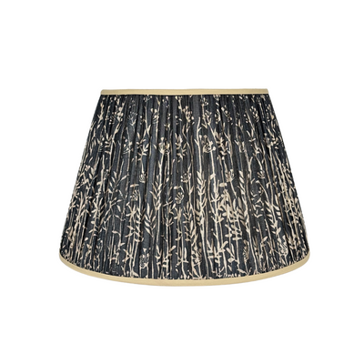 Pleated black and taupe silk lamp shade with champagne trim