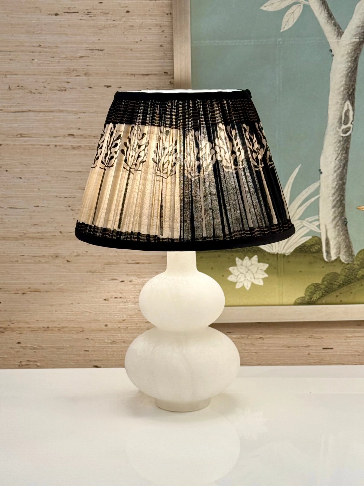 Black & Taupe Sari Lampshade with Black Silk Trim on Mini Alabaster Lamp