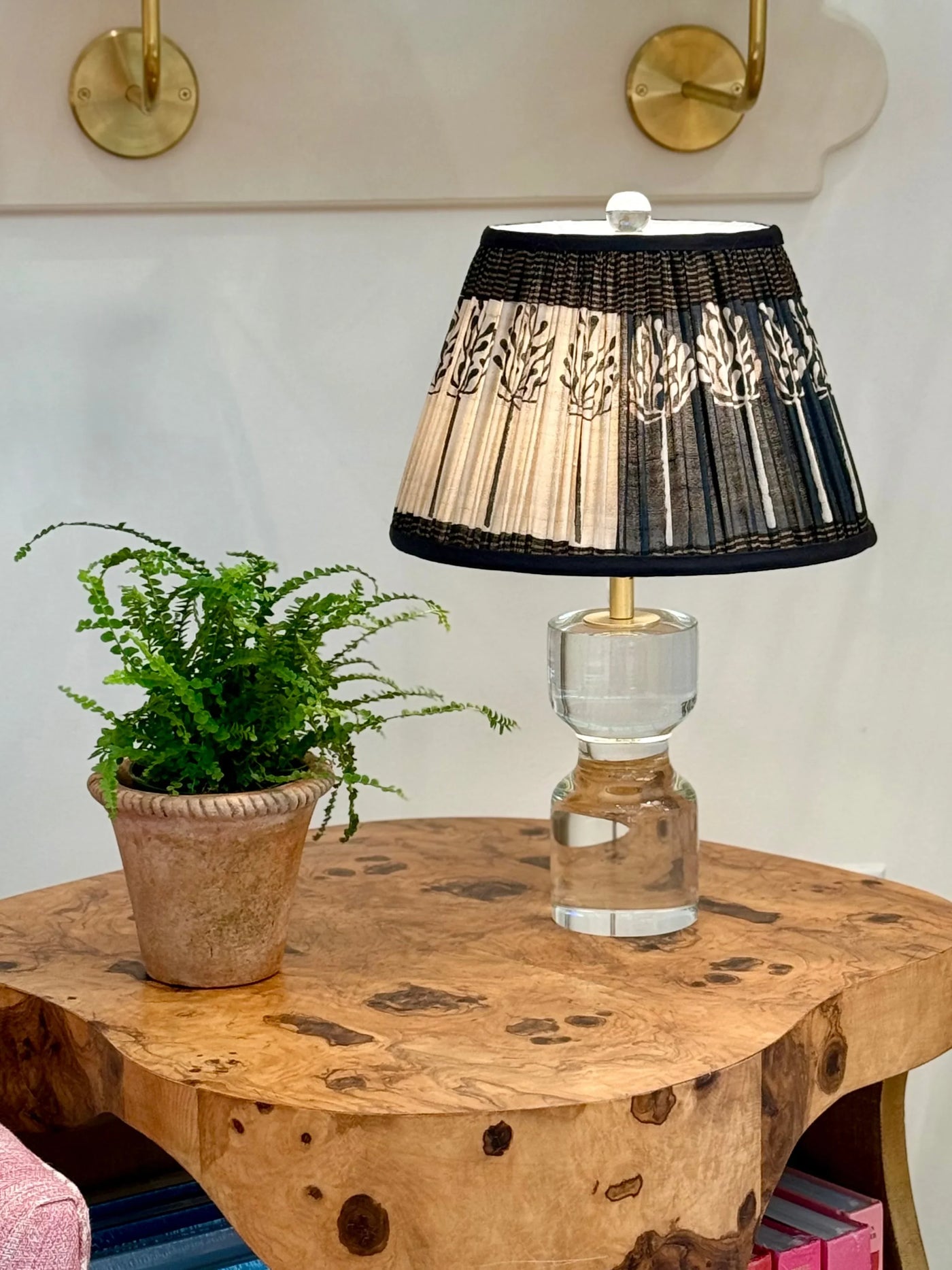 Black & Taupe Sari Lampshade with Black Silk Trim on Crystal Mini Lamp