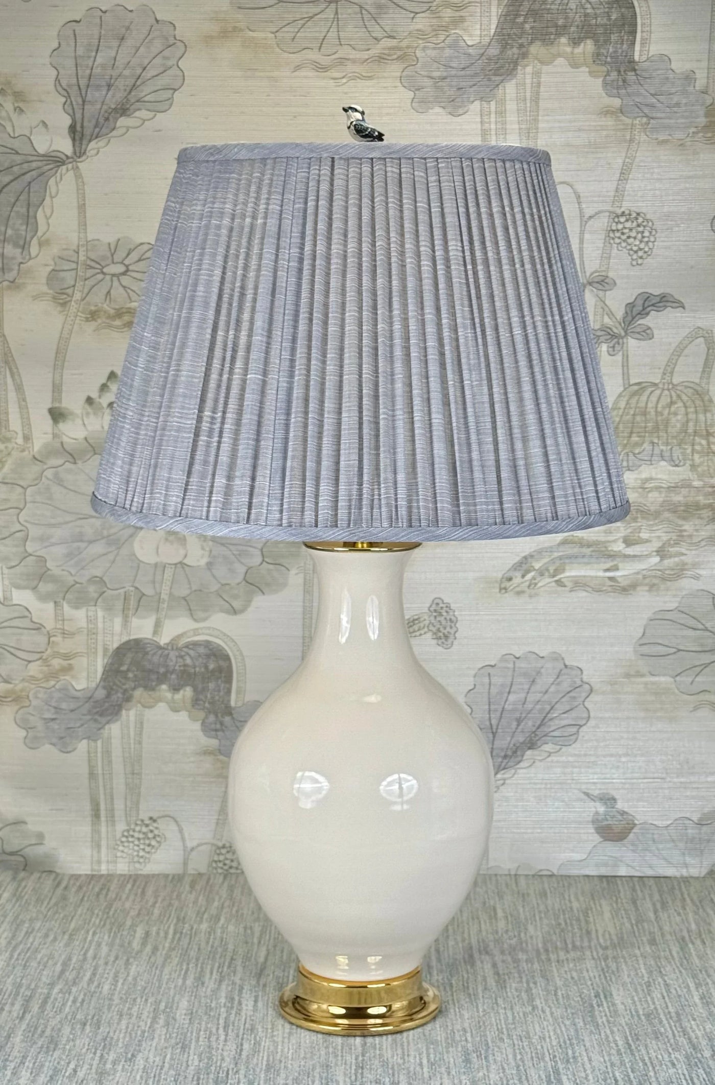 Blue Jay lamp finial styled with a Fermoie strie lampshade on a Paul Schneider Athens ceramic lamp.