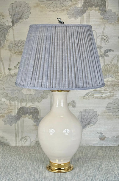 Blue Jay lamp finial styled with a Fermoie strie lampshade on a Paul Schneider Athens ceramic lamp.