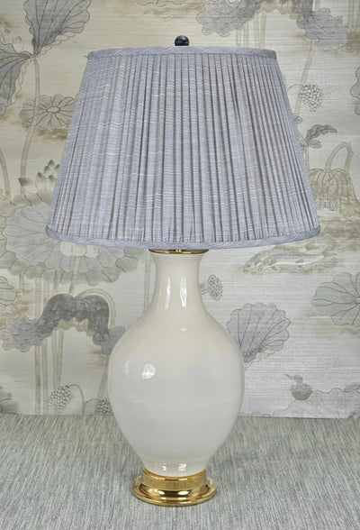 Blue Lines Porcelain lamp finial styled with a Fermoie strie lampshade on a Paul Schneider Athens ceramic lamp
