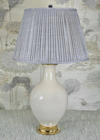 Blue Sodalite Stone Ball Finial styled with a Fermoie strie lampshade on a Paul Schneider Athens ceramic lamp