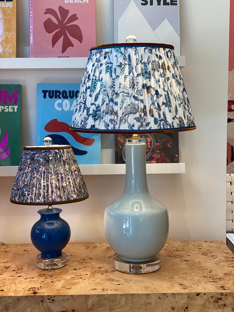 Block print lampshades and blue lamps