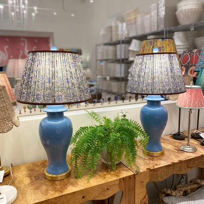 Blue lamps and block print lampshades