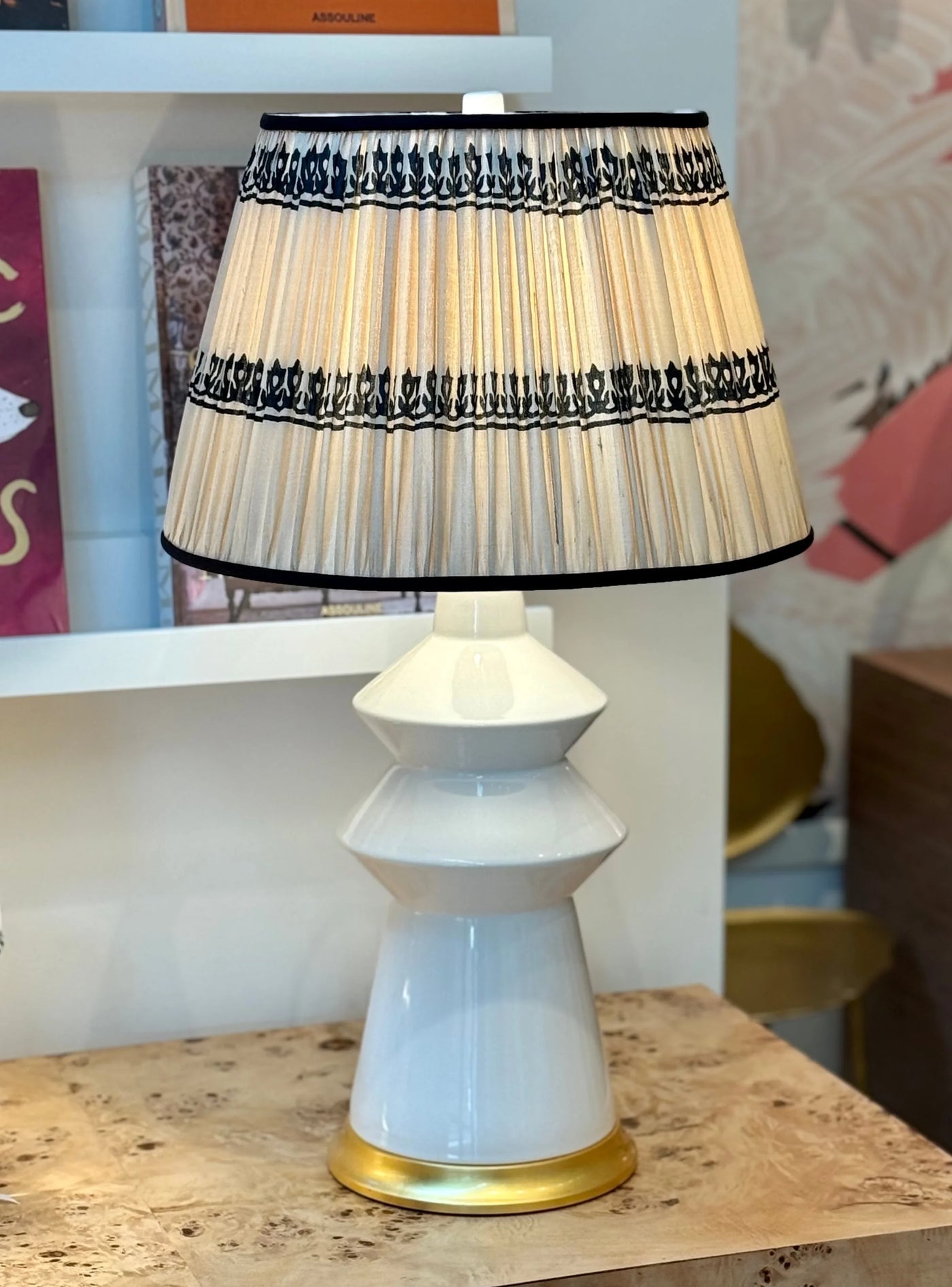Buff & Black Sari Lampshade with Black Silk Trim on a white Hwang Bishop malibu lamp