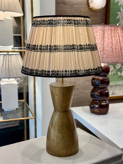 Buff & Black Sari Lampshade with Black Silk Trim on alpha blackened Brass Shagreen Table Lamp