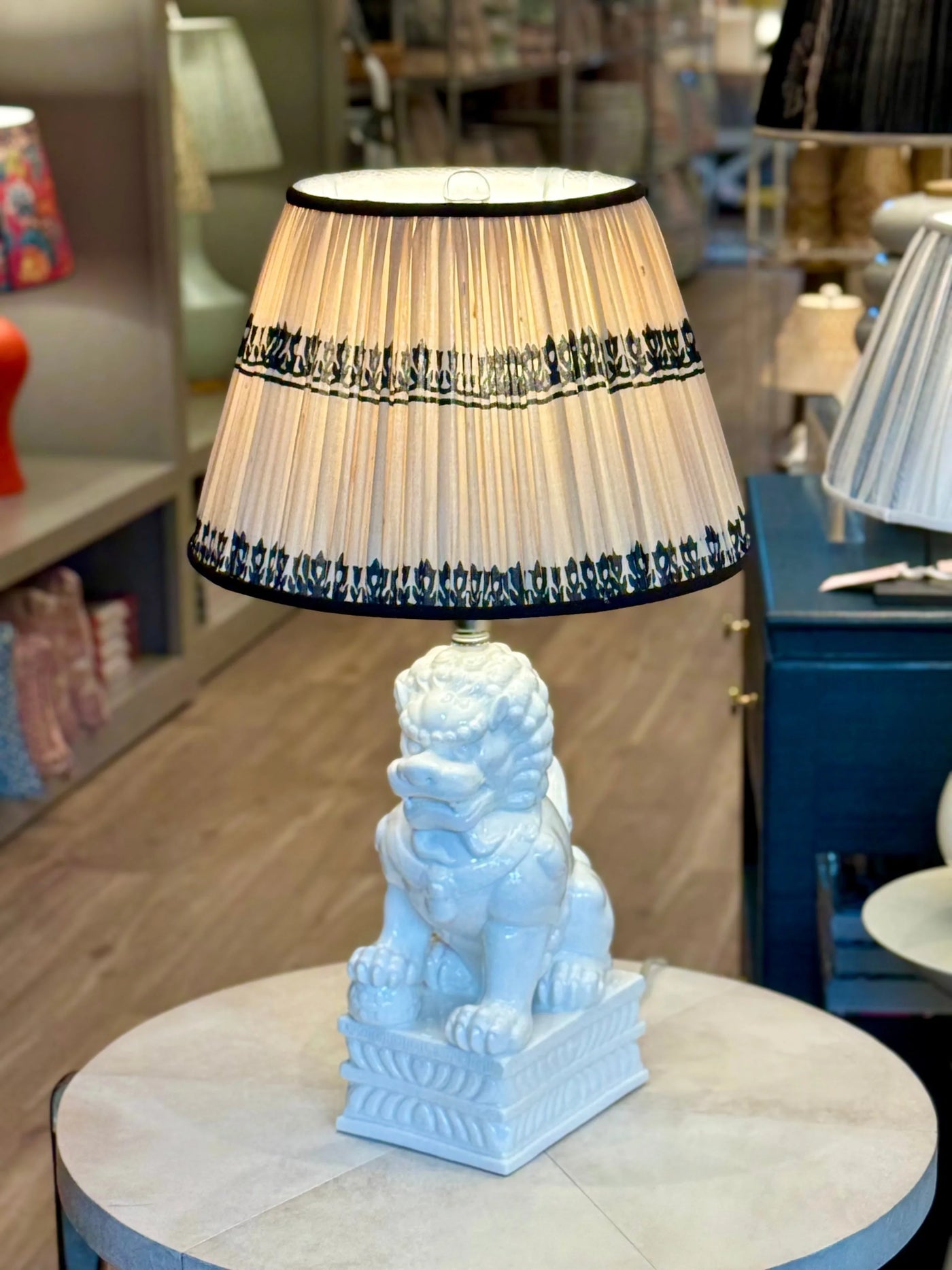 Buff & Black Sari Lampshade with Black Silk Trim on Porcelain White Foo Dog Table Lamp