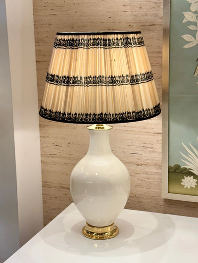 Buff & Black Sari Lampshade with Black Silk Trim on white athens lamp