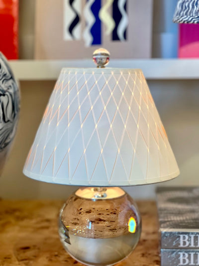 Woven paper shade on small crystal lamp