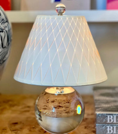 Woven paper shade on small crystal lamp