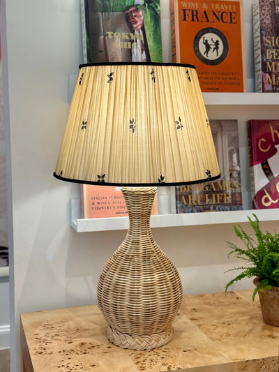 Caramel & Black Sari Lampshade with Black Silk Trim on Whitehaven Rattan Table Lamp