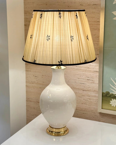 Caramel & Black Sari Lampshade with Black Silk Trim on Paul Schneider white athens lamp