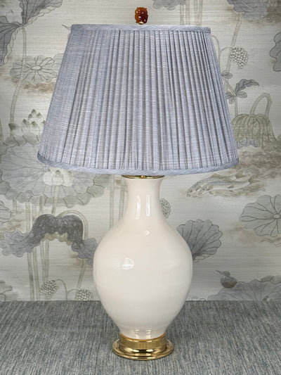 Caramel/Red Carnelian Dragon lamp finial styled with a Fermoie strie lampshade on a Paul Schneider Athens ceramic lamp