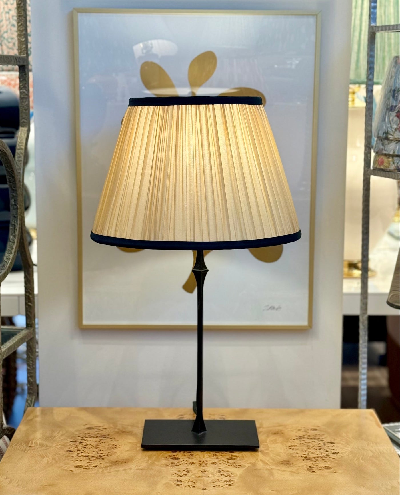 Caramel Sari Lampshade with Navy Silk Trim on Dauphine Bedside Lamp in aged Iron