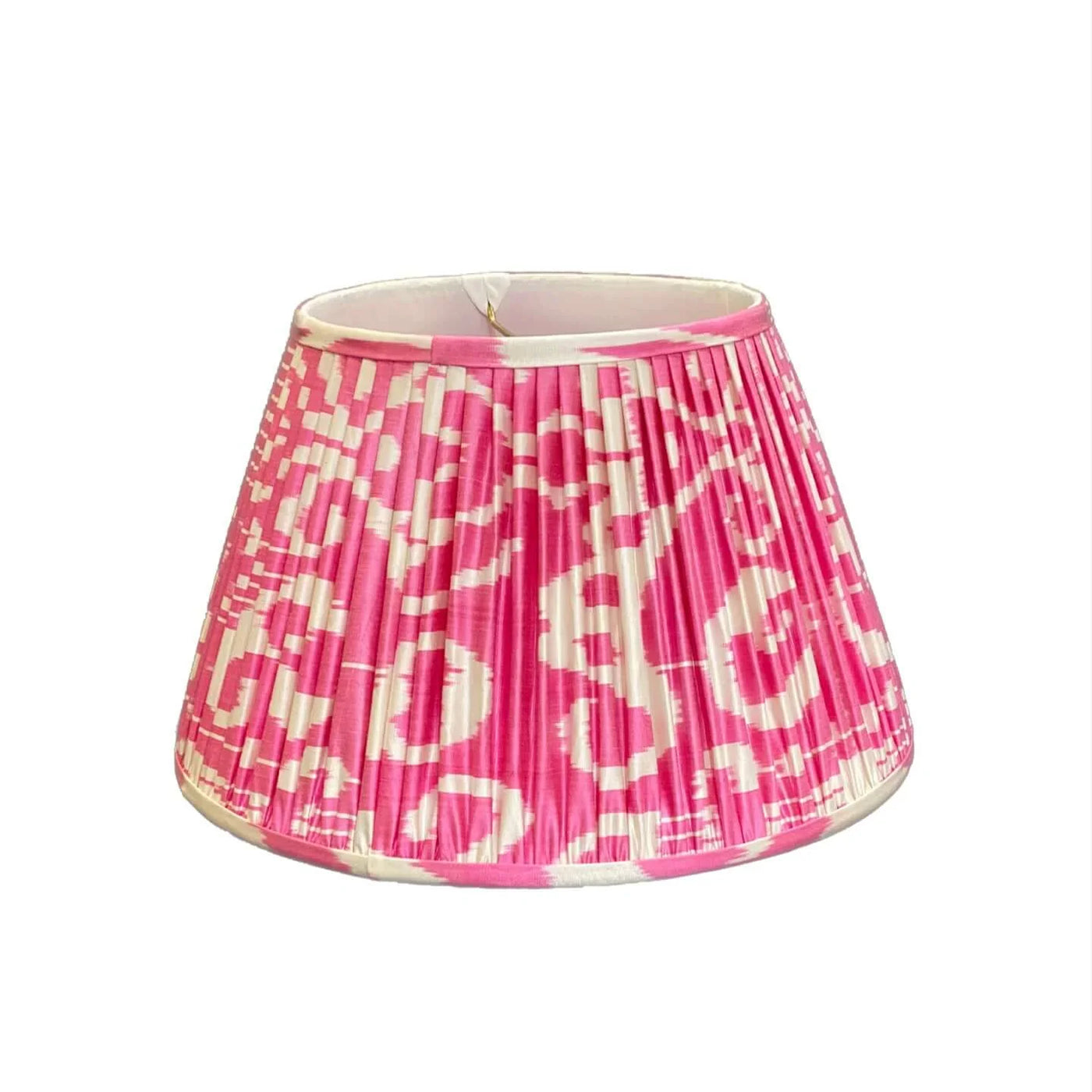 Front view gathered empire lampshade in Pink & Ivory hand-loomed silk Ikat