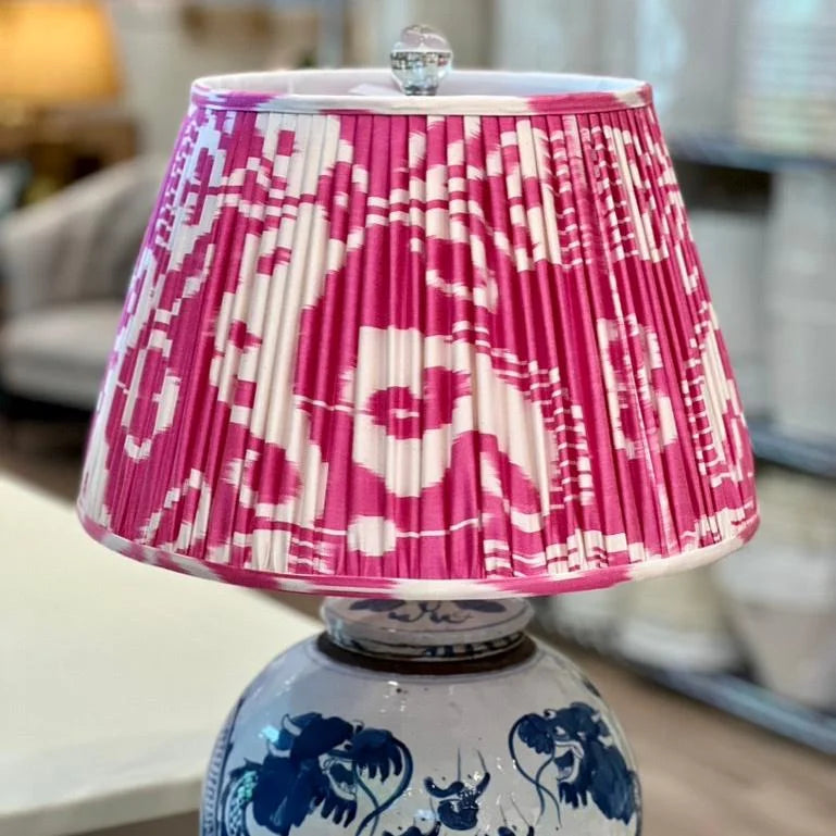 Close up gathered empire lampshade in Pink & Ivory hand-loomed silk Ikat