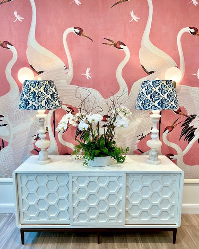 Gathered empire lampshade in Blue & Ivory hand-loomed silk Ikat on alabaster lamps