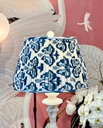 Close up gathered empire lampshade in Blue & Ivory hand-loomed silk Ikat