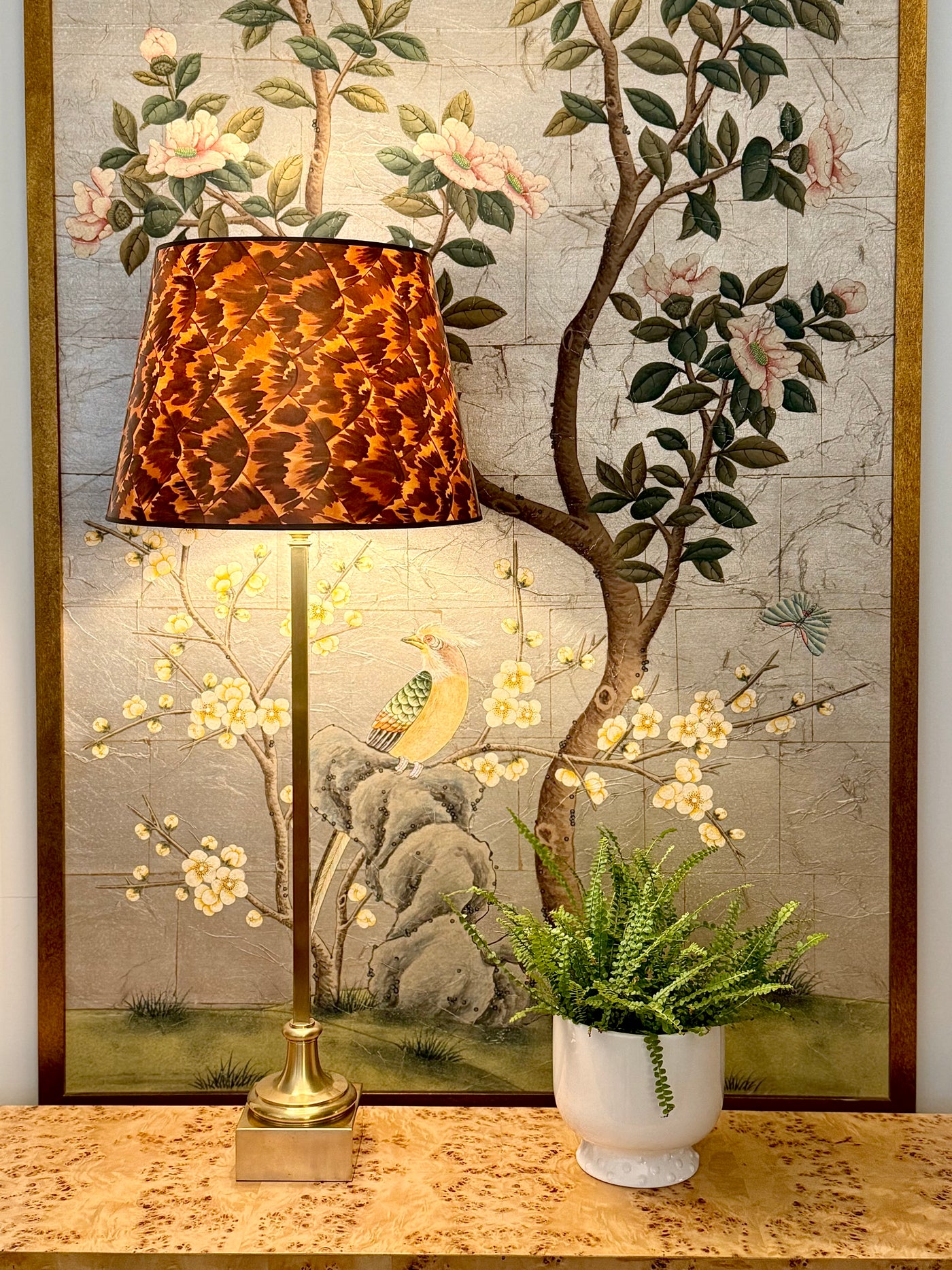 Cawdor Buffet Lamp in Antique-Burnished Brass paired with Schumacher - Tortoise Wallpaper Lampshade