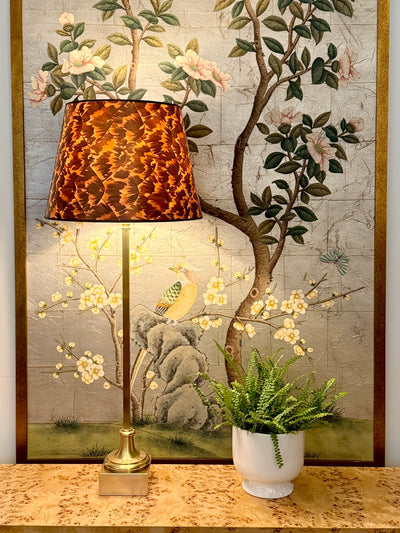 Cawdor Buffet Lamp in Antique-Burnished Brass paired with Schumacher - Tortoise Wallpaper Lampshade