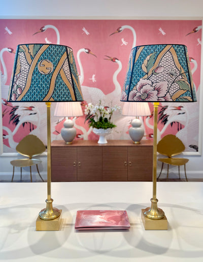 pair of Cawdor Buffet Lamp in Antique-Burnished Brass with Gucci - Floral Wallpaper Lampshades