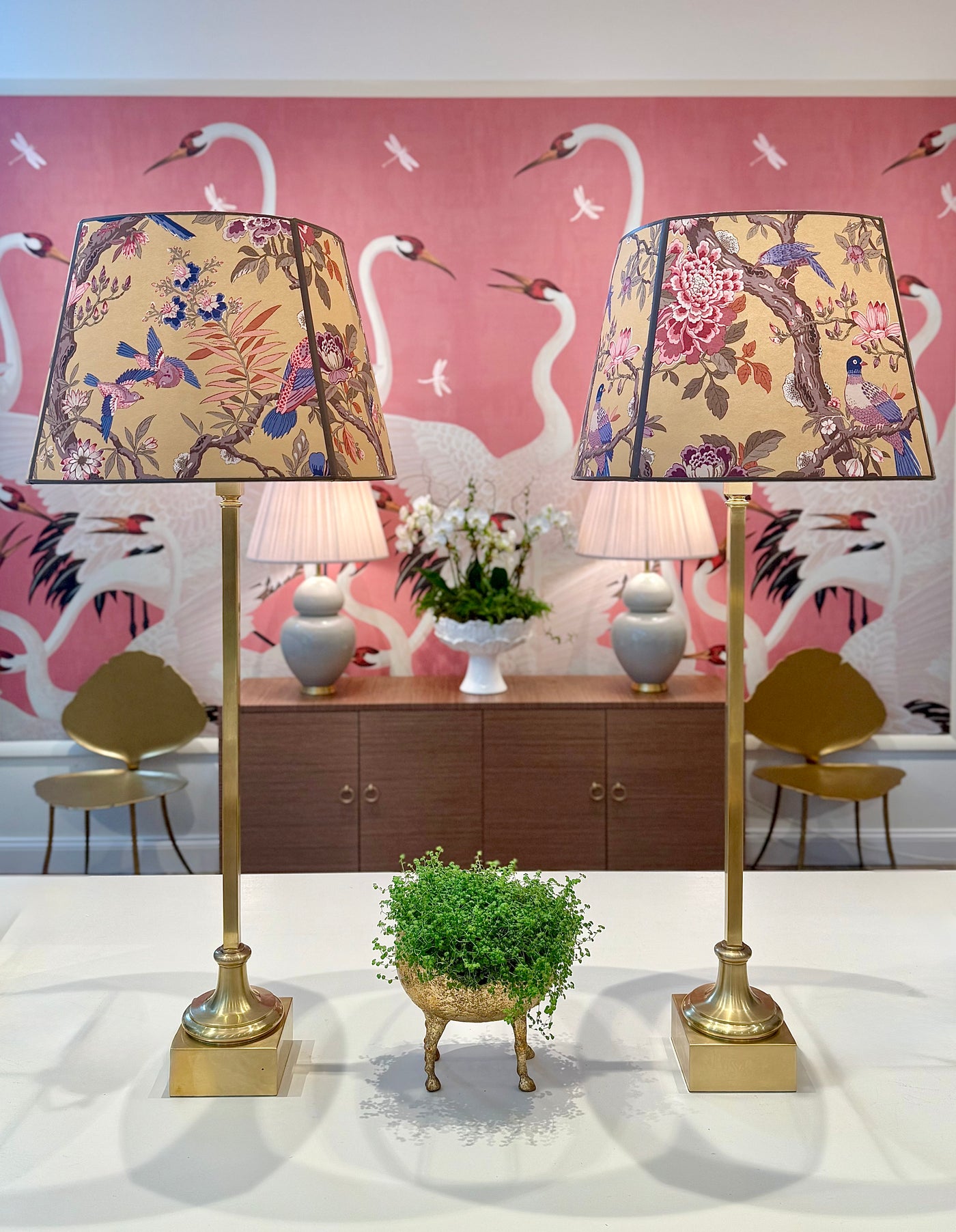 pair of Cawdor Buffet Lamp in Antique-Burnished Brass with GP&J Baker - Eltham Wallpaper Lampshades