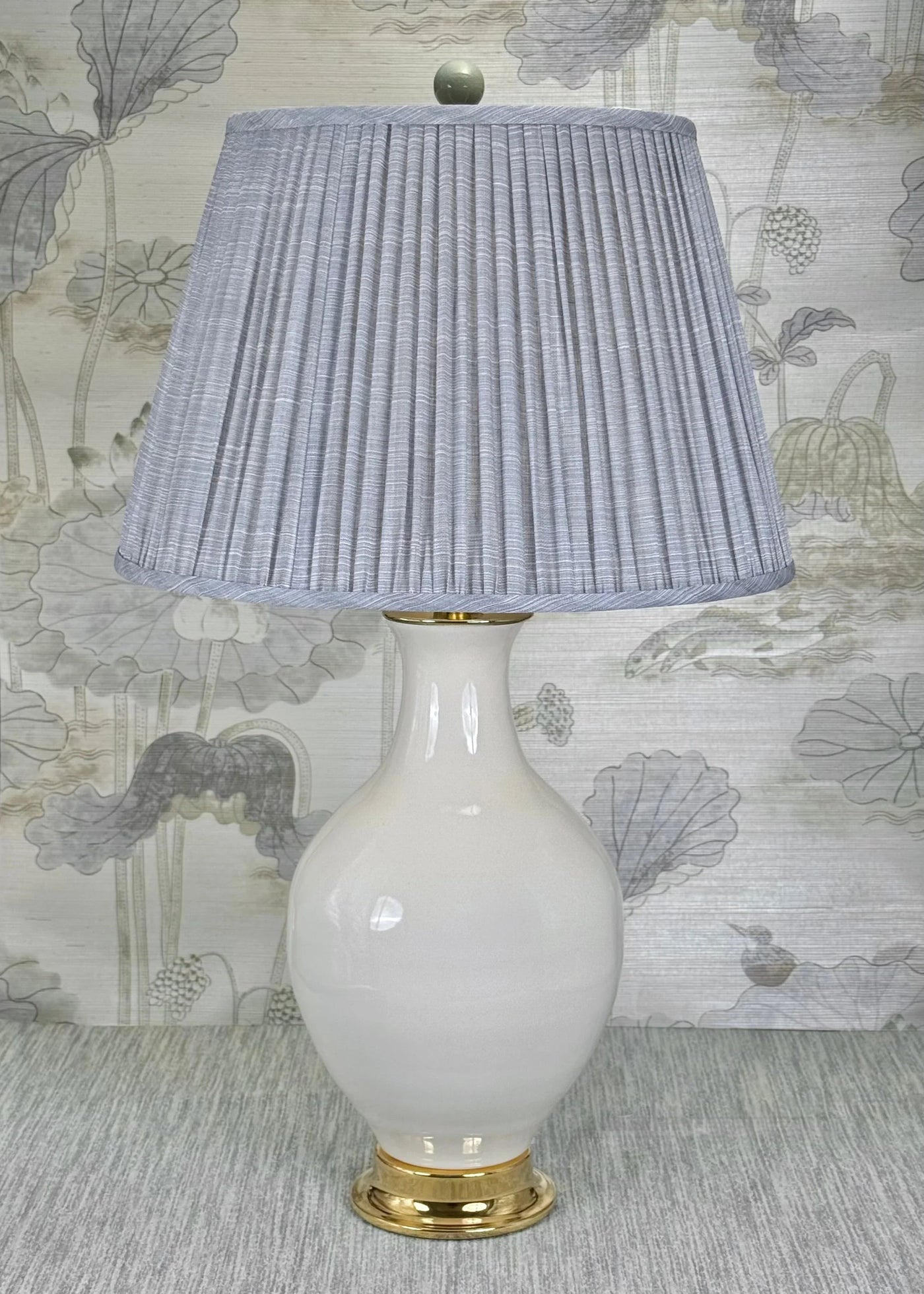 Celadon Porcelain Large Ball lamp finial styled with a Fermoie strie lampshade on a Paul Schneider Athens ceramic lamp