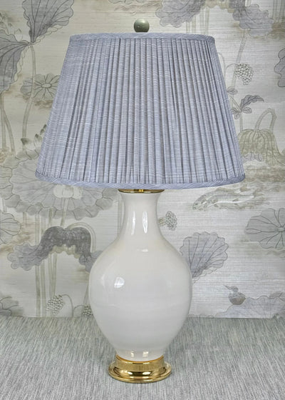 Celadon Porcelain Large Ball lamp finial styled with a Fermoie strie lampshade on a Paul Schneider Athens ceramic lamp