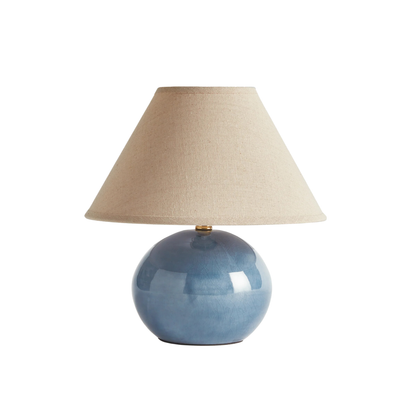 Charlie Mini Blue Porcelain Lamp with stock linen lampshade