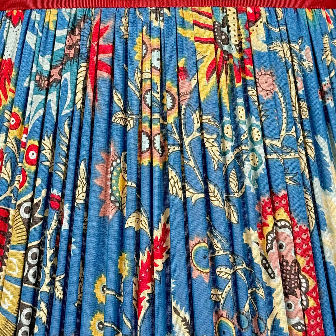 Red & Yellow Flower on Blue Block Print Lampshade with Grosgrain Trim