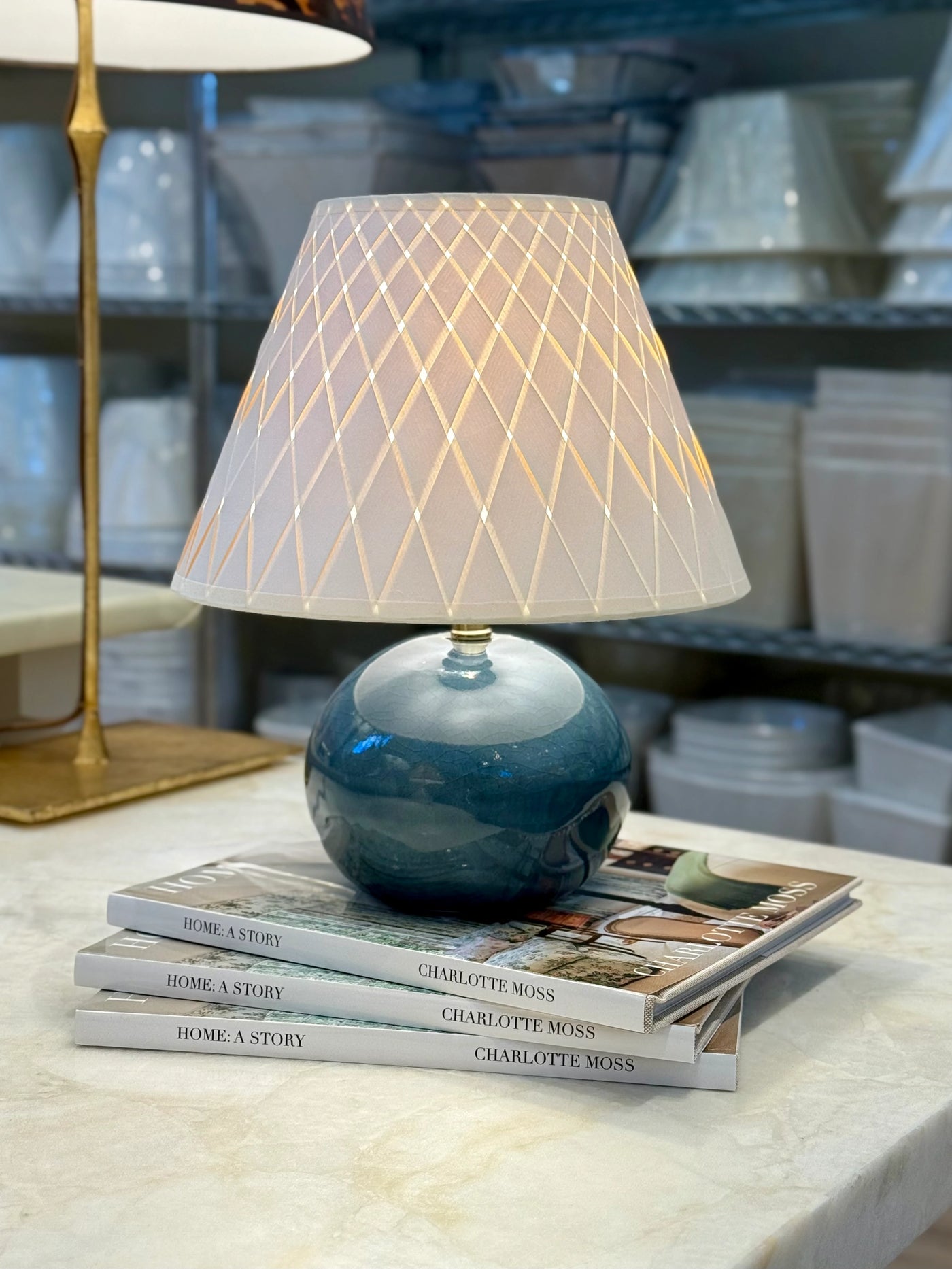 Close up of Charlie Mini Blue Porcelain Lamp