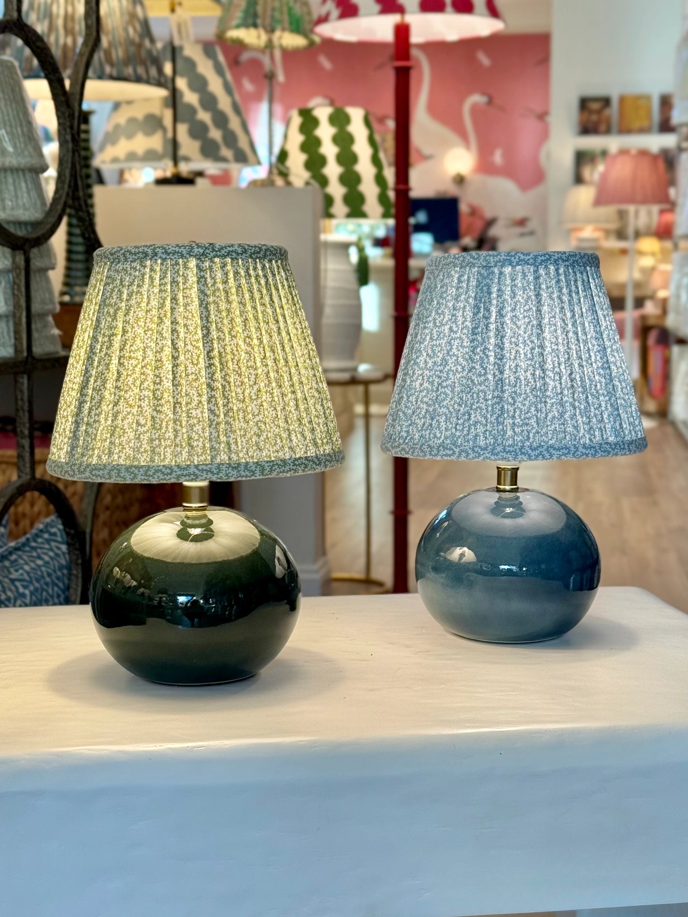 Close up of Charlie Mini Dark Green And Dark Blue Porcelain Lamps