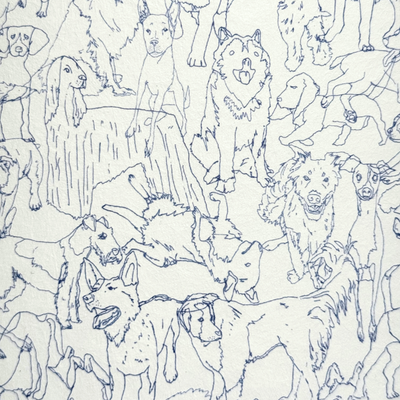 close up of Aux Abris - Friends Blue Dogs on White Wallpaper Lampshade