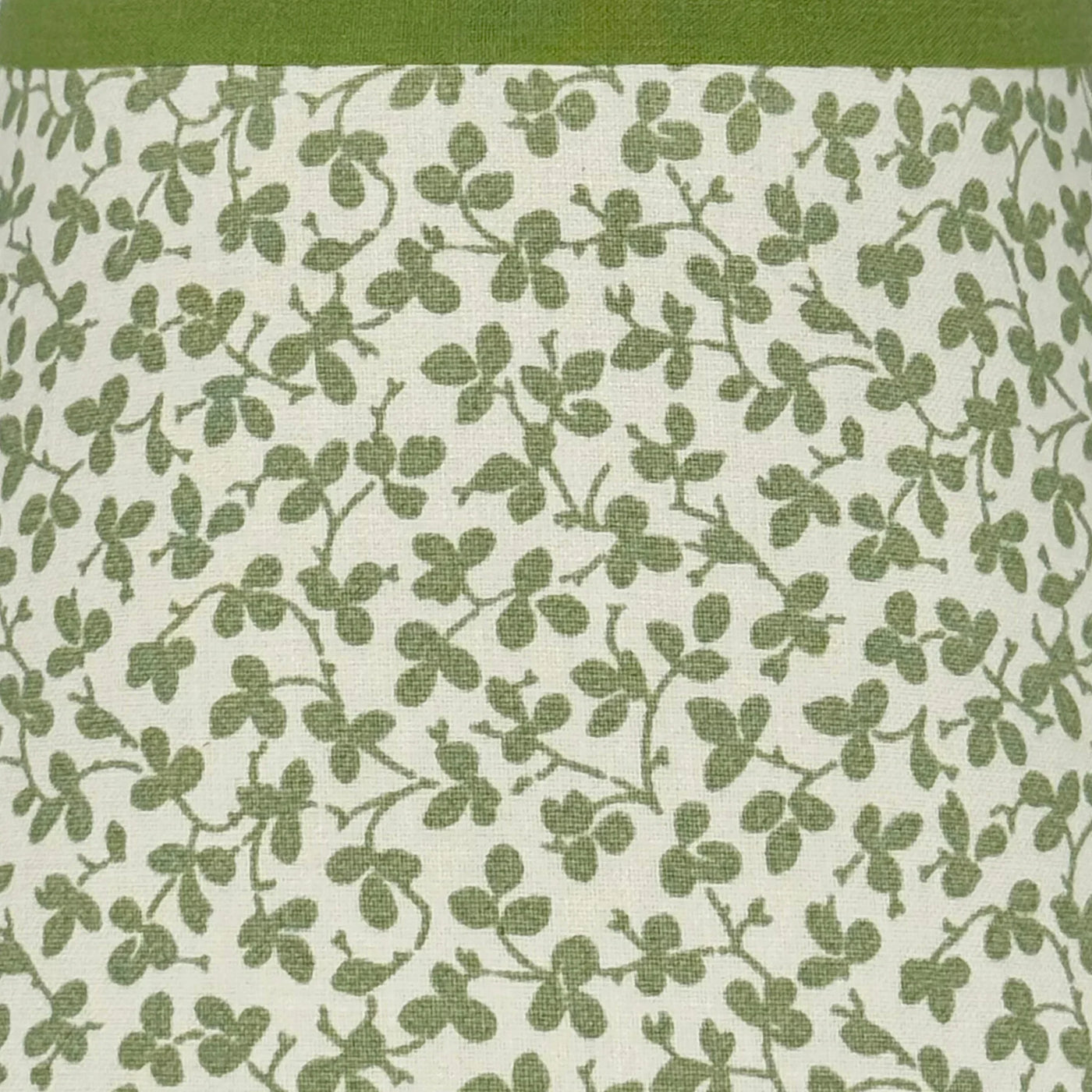 Ian Sanderson Green Leaf Miss Polly Lampshade with Green Olive Trim up close fabric