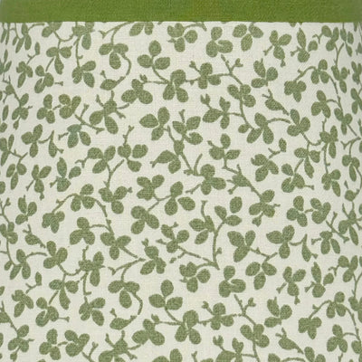Ian Sanderson Green Leaf Miss Polly Lampshade with Green Olive Trim up close fabric