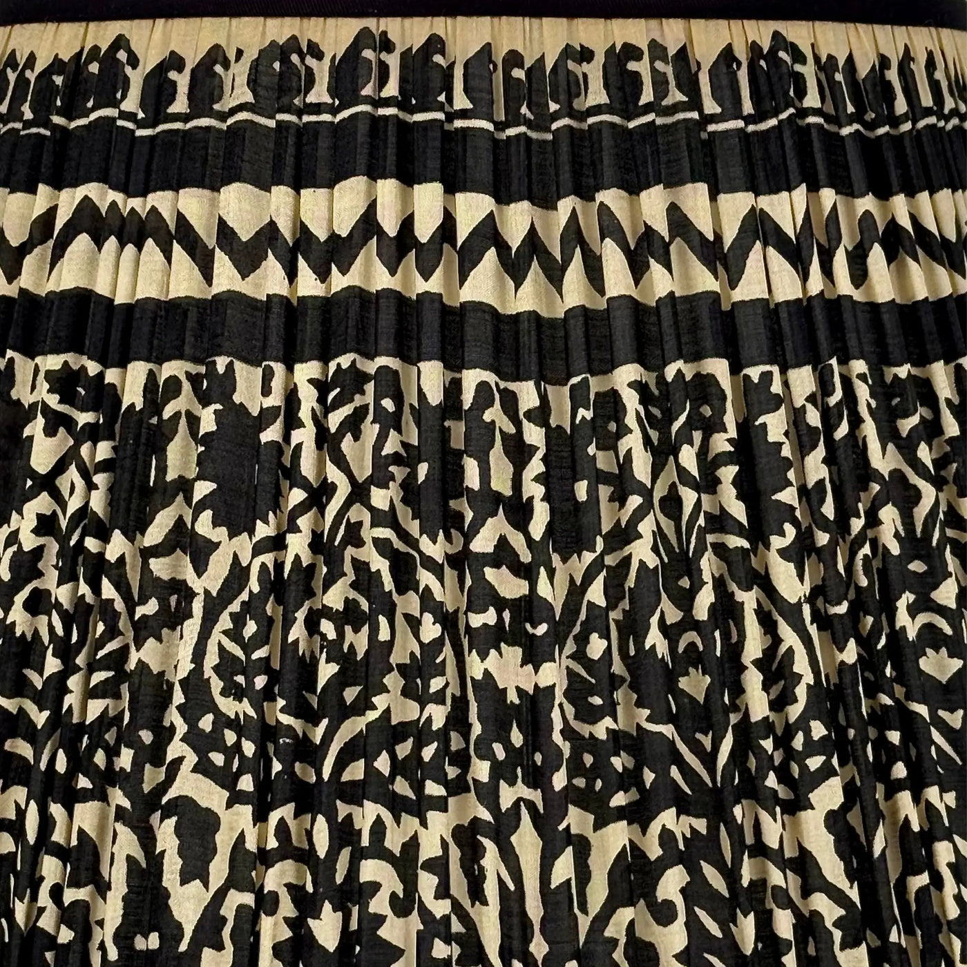 close up of Taupe & Black Geometric Sari Lampshade with Black Silk Trim fabric
