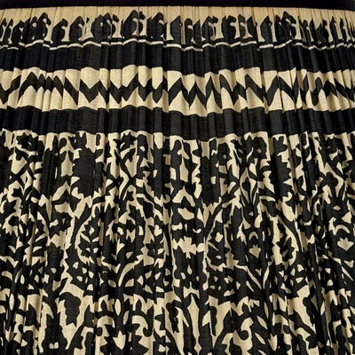 close up of Taupe & Black Geometric Sari Lampshade with Black Silk Trim fabric