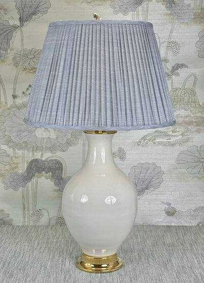 Curious Kitty lamp finial styled with a Fermoie strie lampshade on a Paul Schneider Athens ceramic lamp