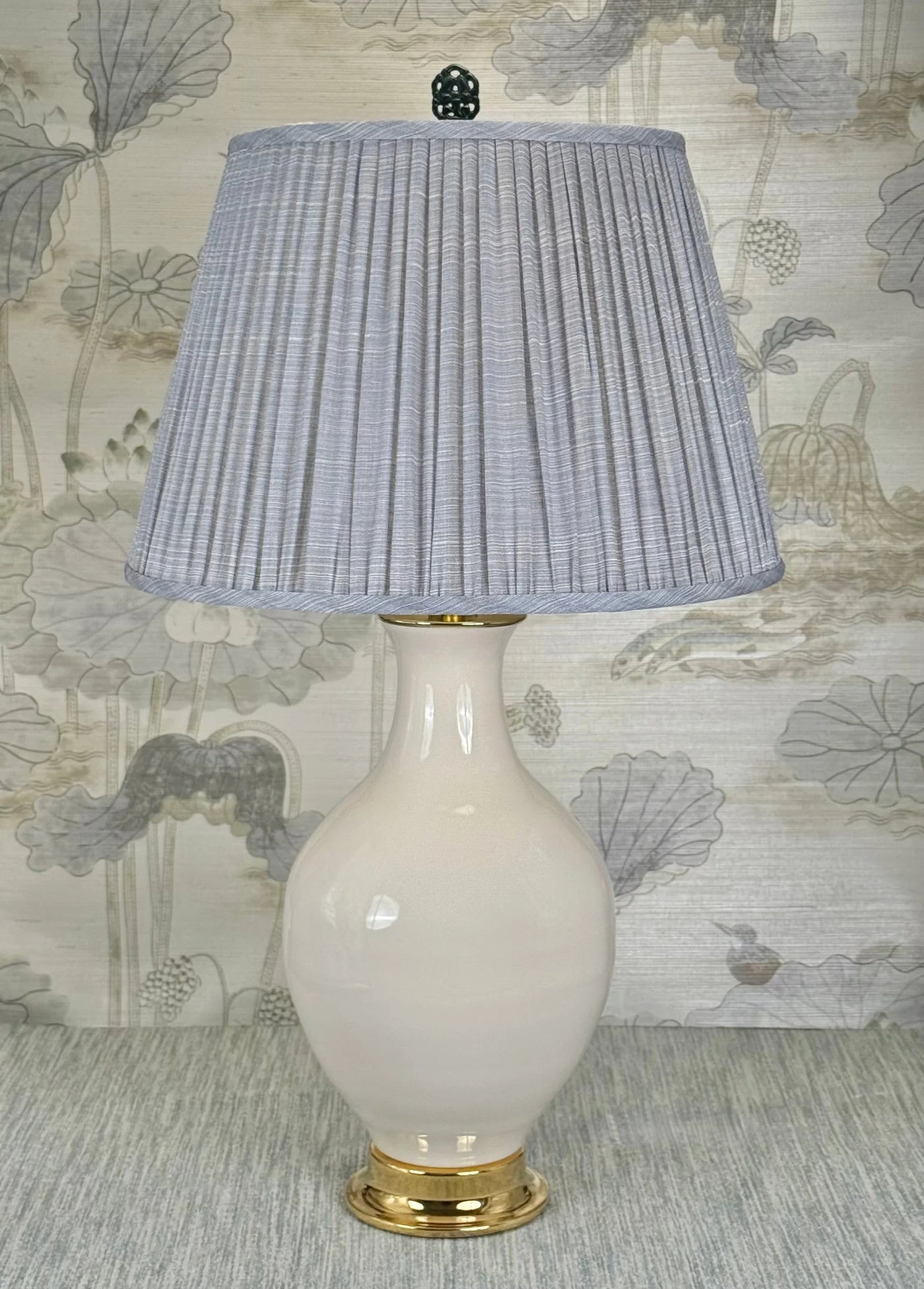 Dark Green Jasper Floral lamp finial styled with a Fermoie strie lampshade on a Paul Schneider Athens ceramic lamp