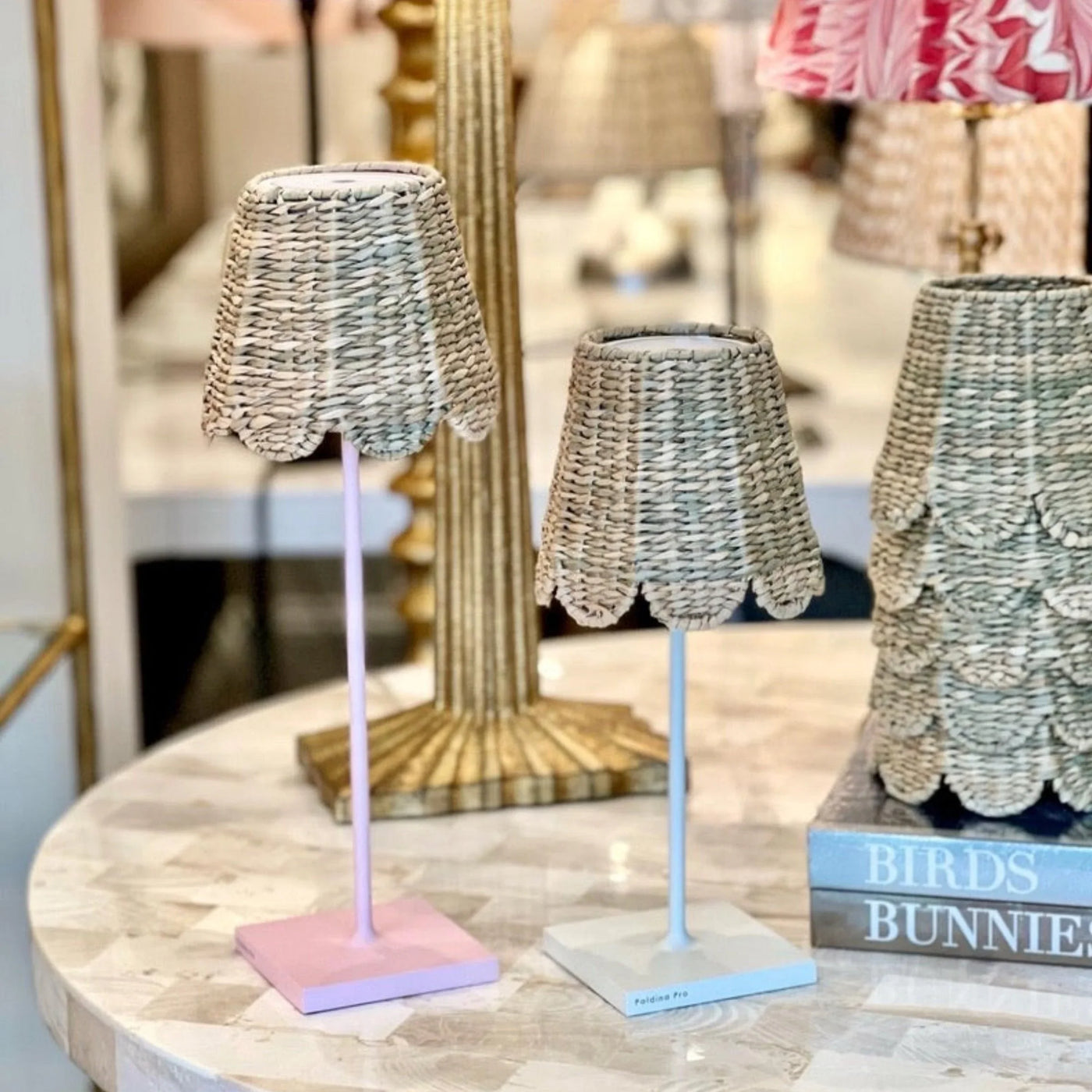 scalloped seagrass shades on cordless lamps