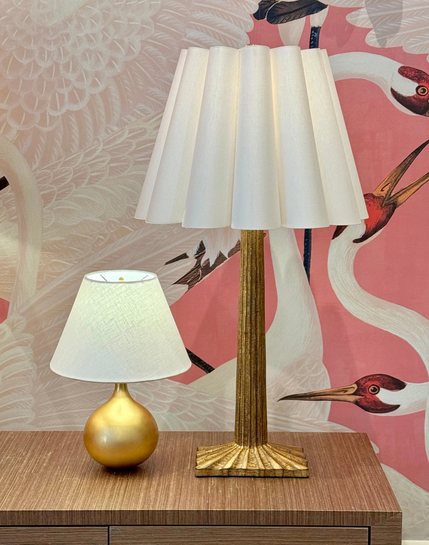Egg Out Scallop Linen Hardback Lampshade on gold lamps