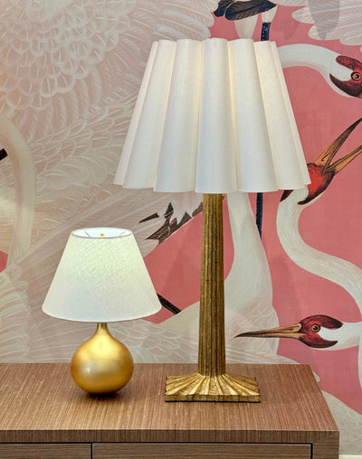 Egg Out Scallop Linen Hardback Lampshade on gold lamps