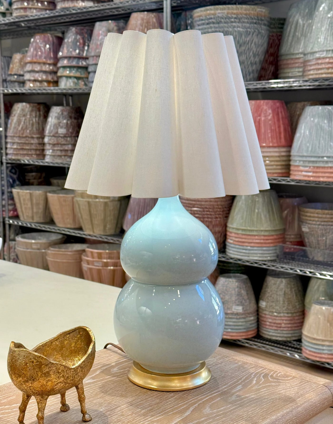 Egg Out Scallop Linen Hardback Lampshade on Hwang Bishop Nanjing Table Lamp