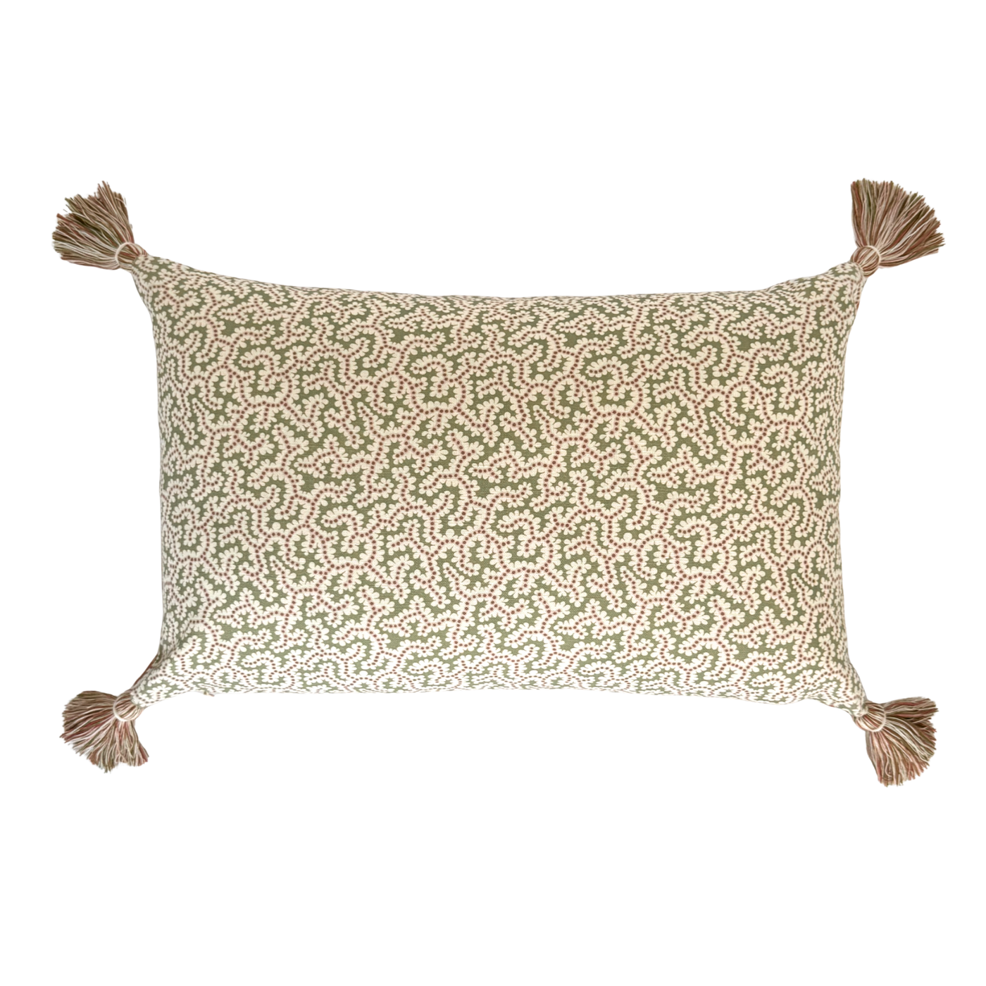 Ian Sanderson Reel Stripe in Red Damson and Elney in Green Bramble Cushion with Red Tassels