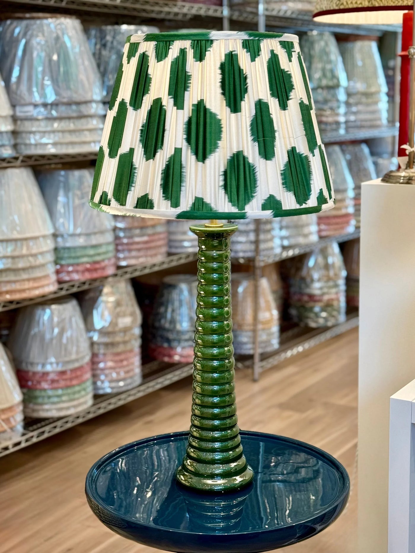 Eugene Ceramic Table Lamp in Green paired with Simone Green and Ivory Lampshade