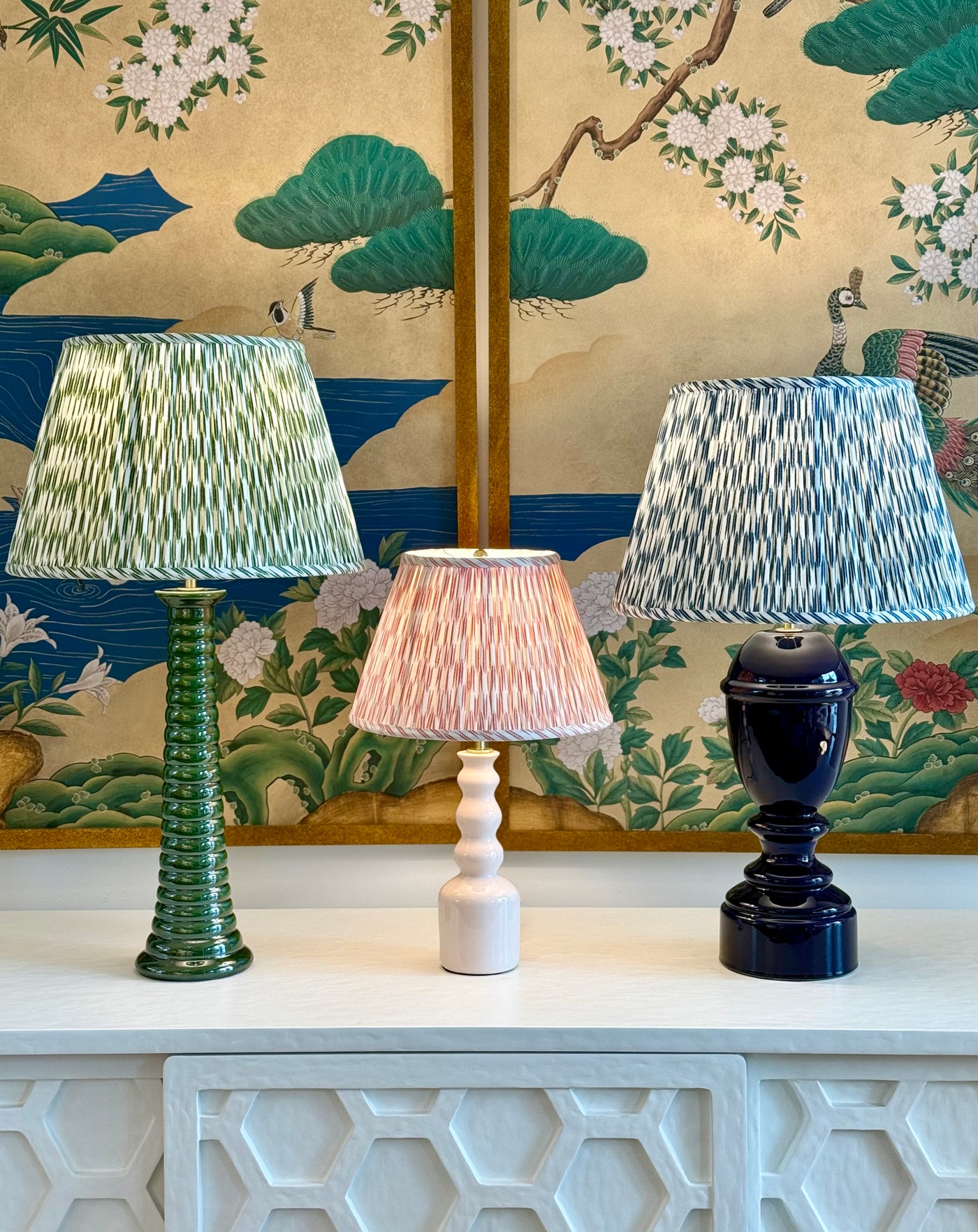 Eugene Ceramic Table Lamp in Green, timmy lamp, and Fisher Lamp paired with Ian Sanderson Quiver lampshades