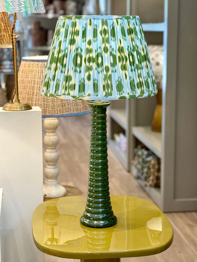 Eugene Ceramic Table Lamp in Green paired with Schumacher Hamilton Ikat in blue and green