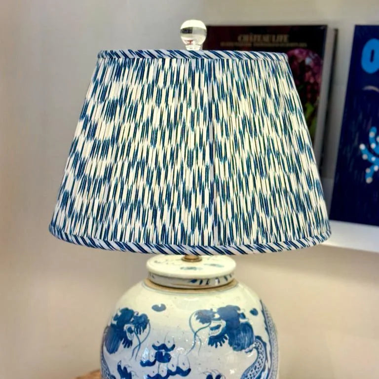 Ian Sanderson Indigo Quiver Lampshade on a Blue and White Lamp