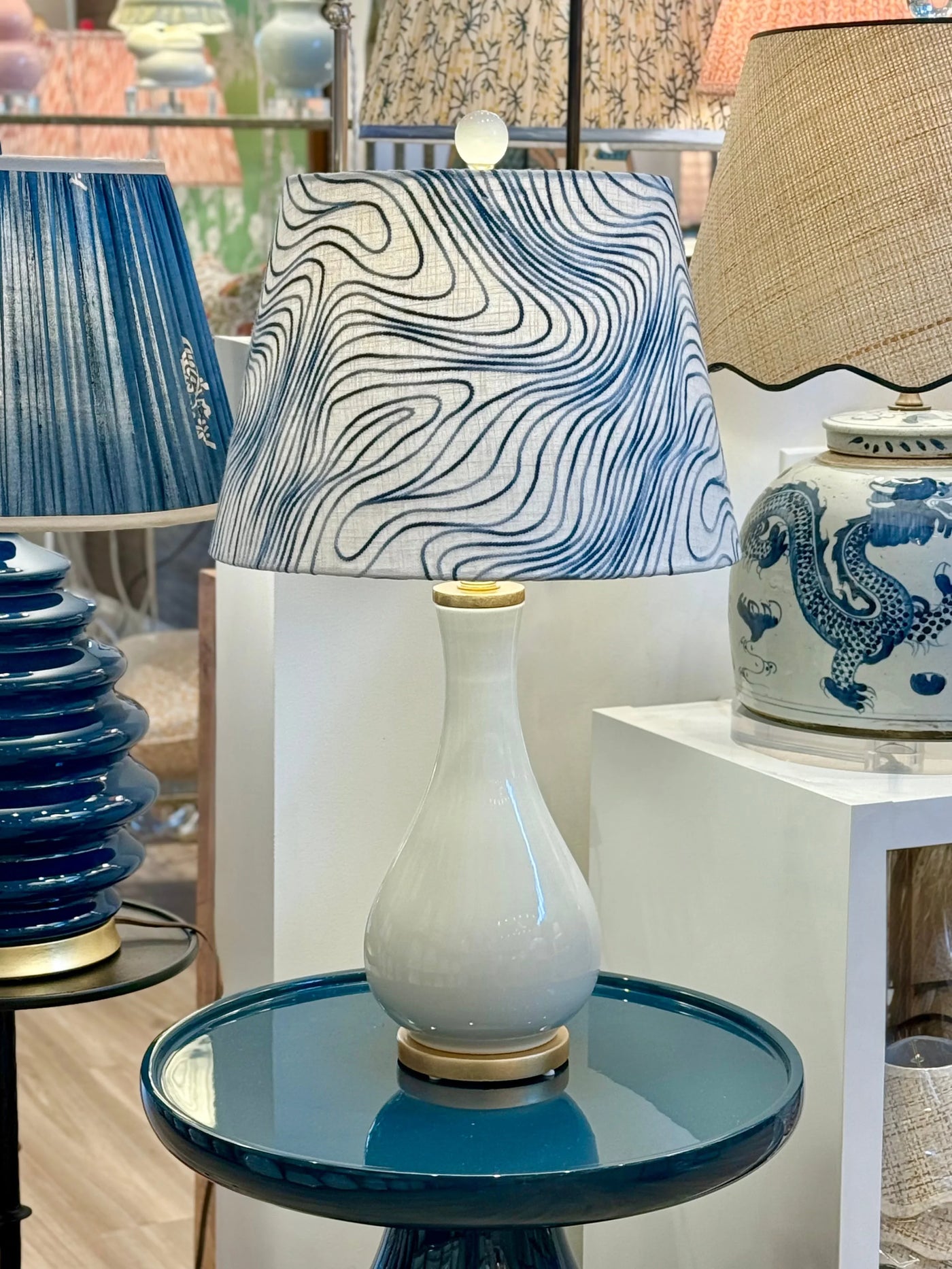 Fabricut - River Quest Blue Embroidered White Lampshade